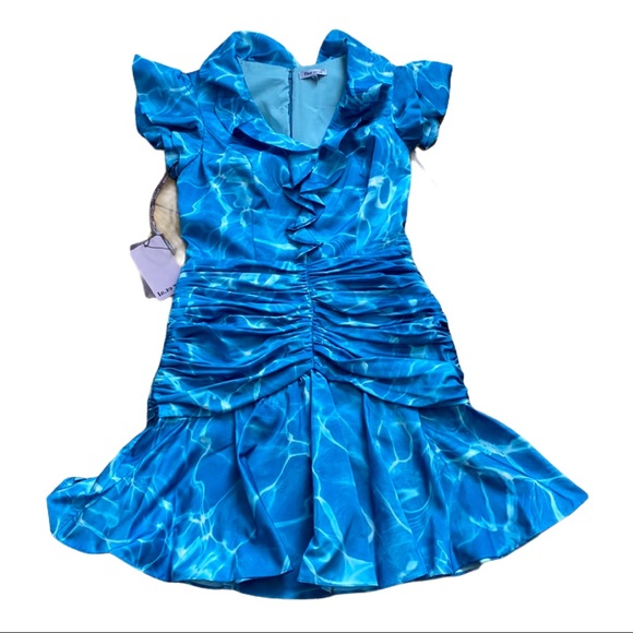 Women blue Flor et.al Dante Ruffle Ruched cocktail size 6 dress NWT - Picture 4 of 15